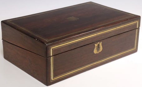 ENGLISH BRASS-INLAID MAHOGANY WRITING SLOPE/ TRAVEL DESK
