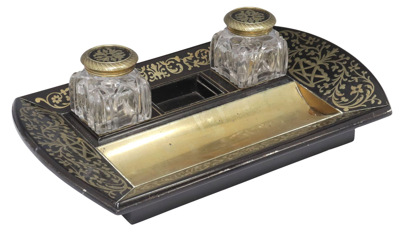 NAPOLEON III BRASS-INLAID EBONIZED DOUBLE-INKWELL DESK STAND: French Napoleon III period ebonized desk stand, late 19th c., with scrolled foliate brass marquetry, sloped case fitted with two cut glass inkwells, brass-lined pen rest, approx 4"h, 12.25&q