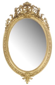 FRENCH LOUIS XVI STYLE GILTWOOD CHERUBS OVAL MIRROR, 53" X 33"