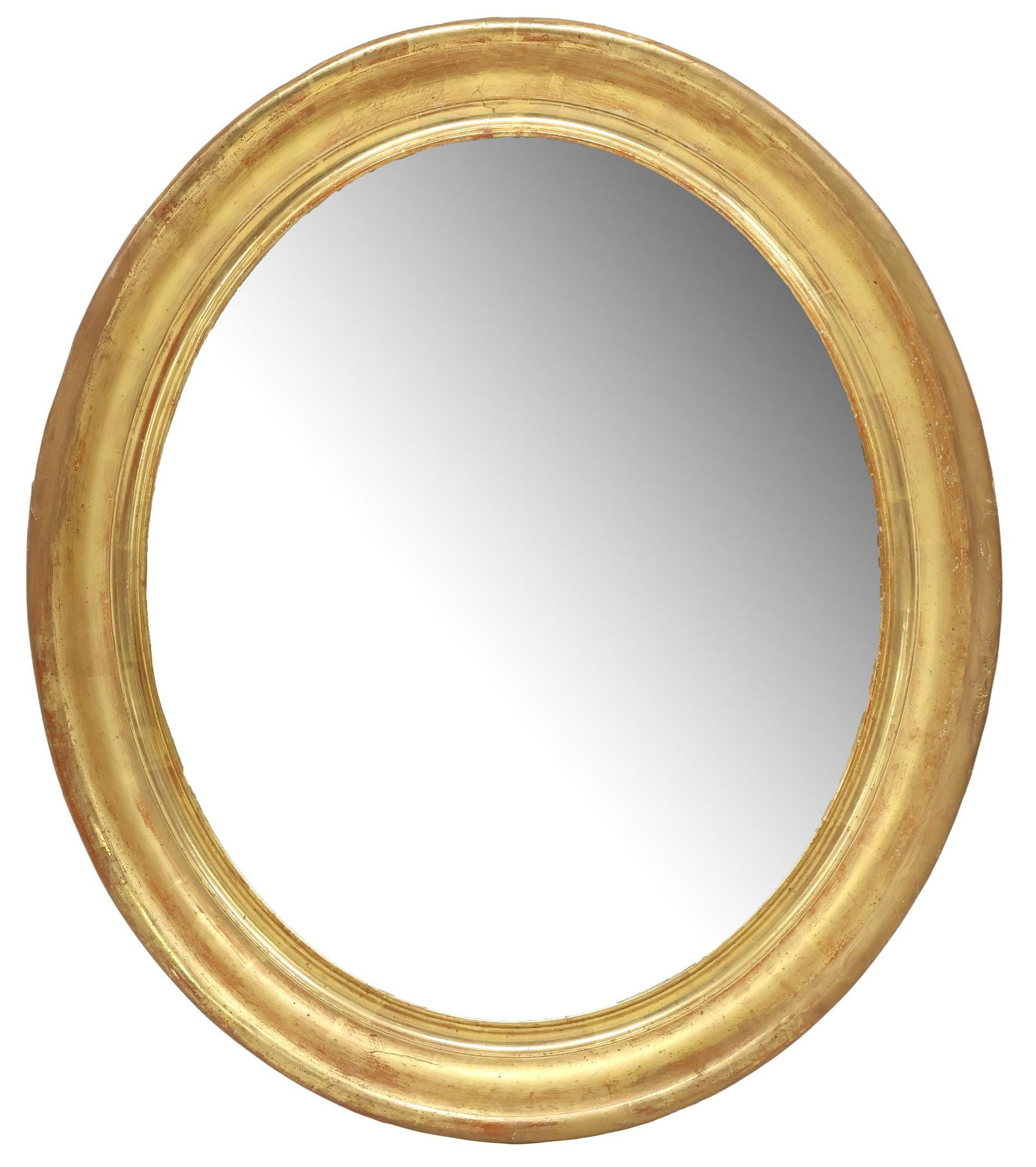 FRENCH GILTWOOD OVAL PICTURE FRAME MIRROR: French giltwood wall mirror, 19th c., having ovular stepped frame, innermost trim in a gray-painted finish, encasing flat mirror plate, approx 32.5"h, 26.75"w, 18.5lbs
