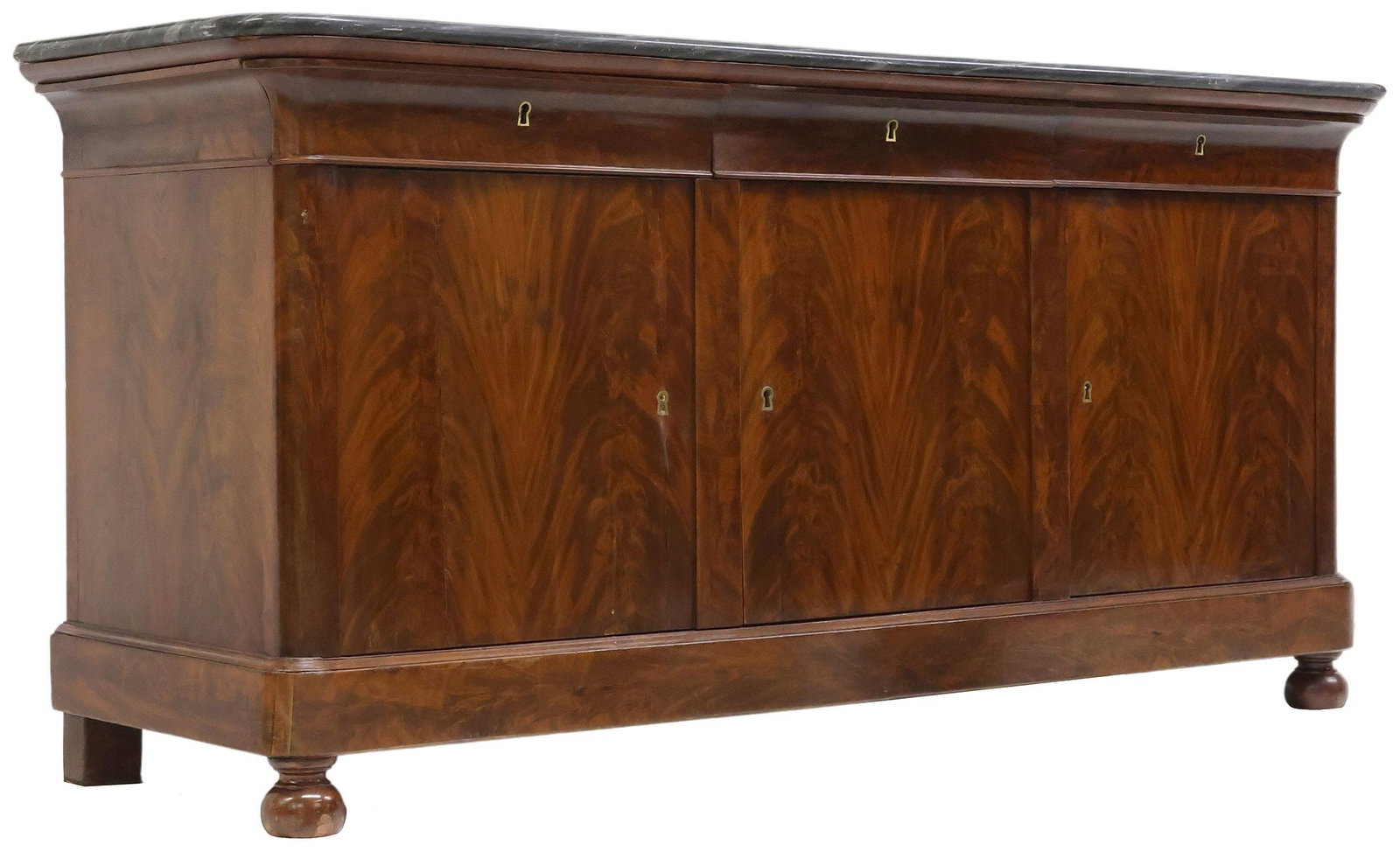 FRENCH LOUIS PHILIPPE MARBLE-TOP MAHOGANY SIDEBOARD: French Louis Philippe period marble-top mahogany sideboard, mid 19th c., three frieze drawers, above three cabinet doors, the right side cabinet with a secondary interior locking compartment, on 