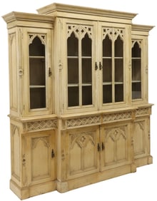 GOTHIC STYLE CREAM-PAINTED BREAKFRONT DISPLAY BOOKCASE