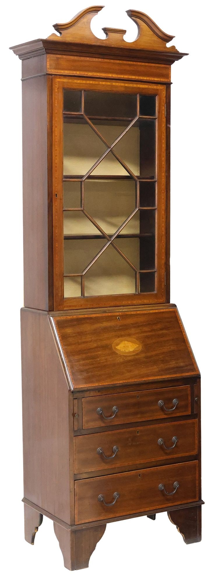 GEORGIAN STYLE INLAID MAHOGANY BUREAU BOOKCASE: Georgian style mahogany bureau bookcase, 20th c., having split pediment, over glazed cabinet door with tracery overlay, fixed-height interior shelving, over slant-front desk, fall-front panel with cen