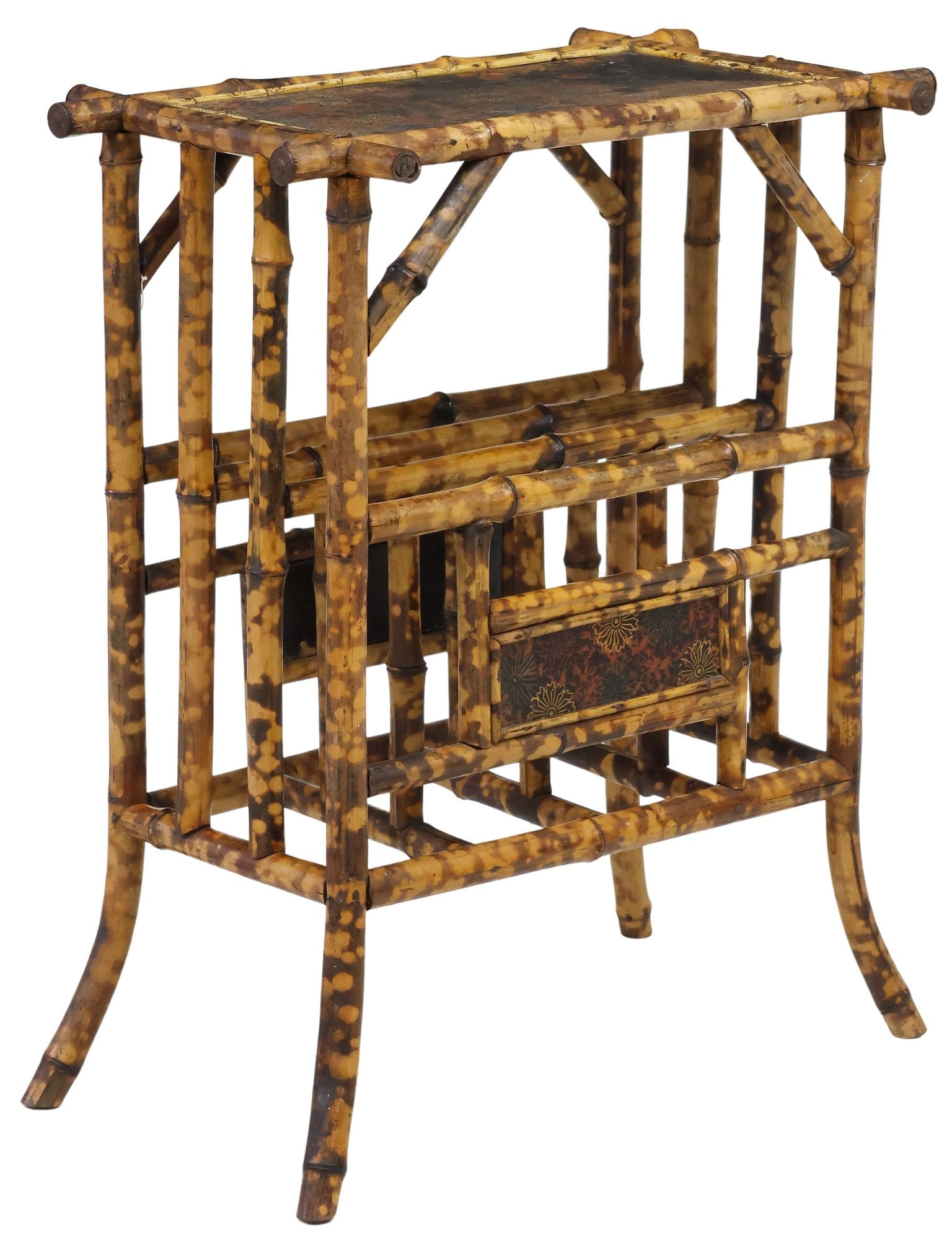 VICTORIAN AESTHETIC JAPANNED BAMBOO CANTERBURY: Victorian Japanned bamboo canterbury/ magazine rack, late 19th/ early 20th c., with three slatted divisions, on outswept supports, approx 29"h, 24.75"w, 14.5"d