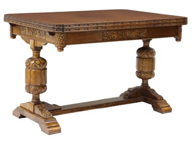 JACOBEAN STYLE CARVED OAK DRAW-LEAF DINING TABLE