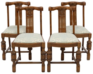 (4) JACOBEAN STYLE CARVED OAK UPHOLSTERED DINING CHAIRS
