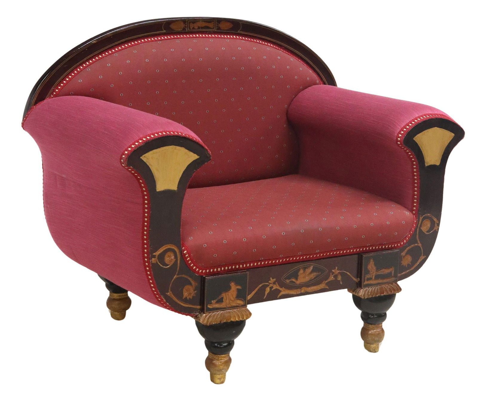 EMPIRE STYLE EBONIZED & UPHOLSTERED ARMCHAIR: Empire style ebonized armchair, 20th c., having arched back and arms, in patterned fabric upholstery, with ribbon trim, gilt painted scrollwork and allegorical figures, rising on turned feet, app