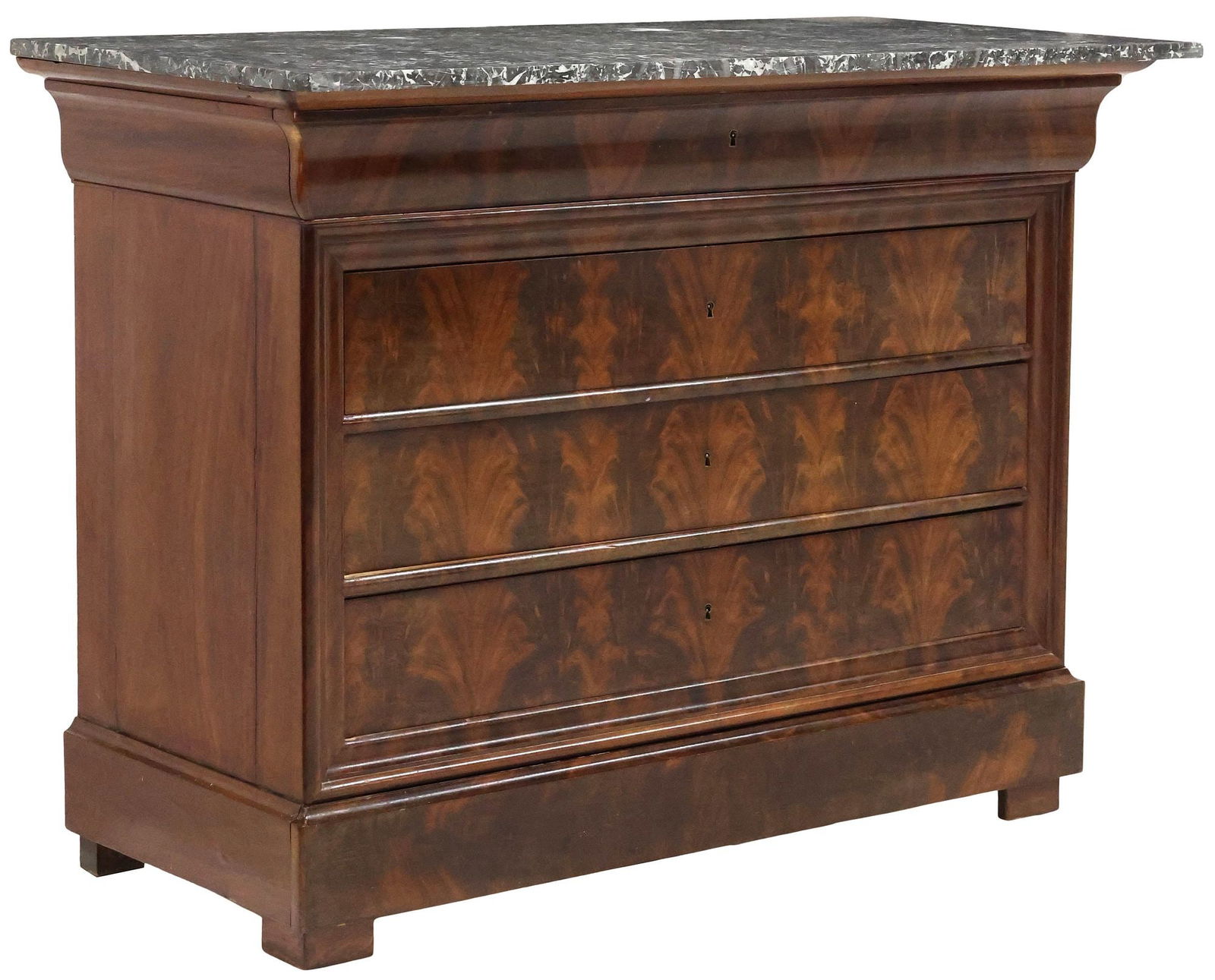 FRENCH LOUIS PHILIPPE PERIOD MARBLE-TOP MAHOGANY COMMODE: French Louis Philippe period marble-top mahogany commode, mid 19th c., ogee frieze drawer with divided interior, over four additional drawers, the lowest concealed in base molding, on block feet, appr