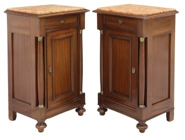 (2) EMPIRE STYLE MARBLE-TOP MAHOGANY BEDSIDE CABINETS