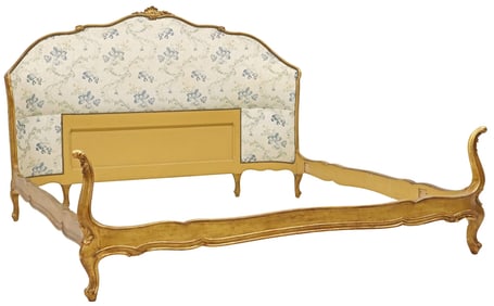 ITALIAN LOUIS XV STYLE UPHOLSTERED GILTWOOD BED