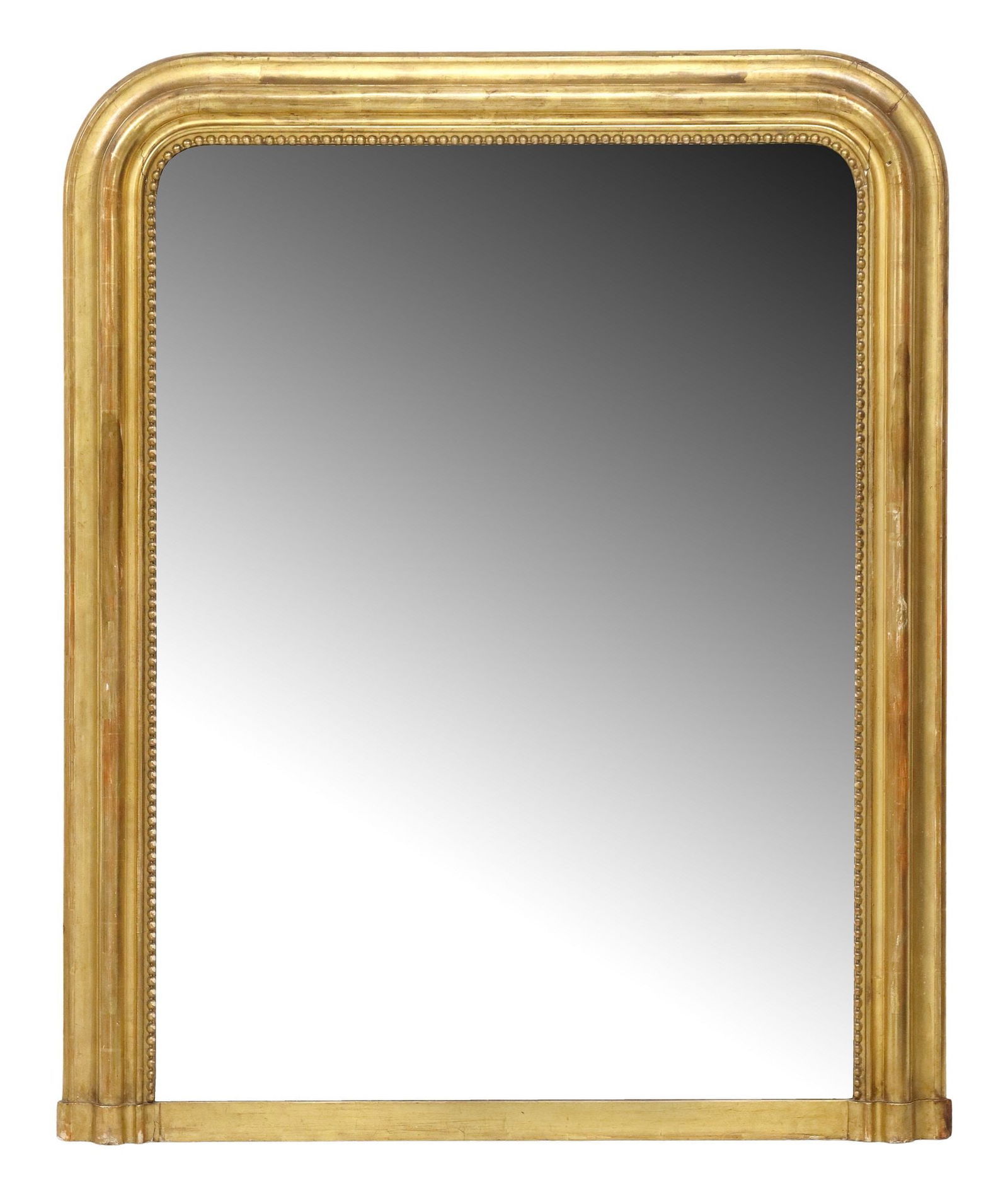 FRENCH LOUIS PHILIPPE PERIOD GILTWOOD MIRROR, 54.5" X 44": French Louis Philippe period giltwood wall mirror, mid 19th c., having arched frame with beaded trim, encasing flat mirror plate, overall silver loss to mirror plate, approx 54.5"h, 44"w, 73lbs