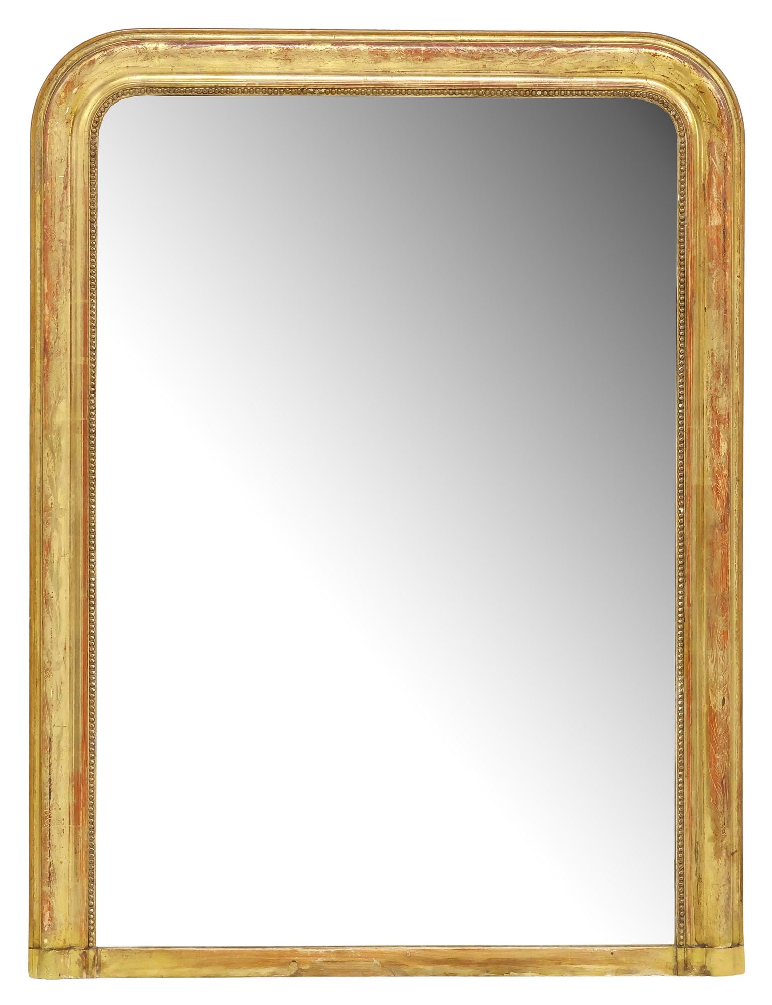 FRENCH LOUIS PHILIPPE PERIOD GILTWOOD WALL MIRROR: French Louis Philippe period giltwood wall mirror, mid 19th c., having arched frame with incised foliate motifs, encasing flat mirror plat, some typical light silver loss to mirror plate, approx 51&qu