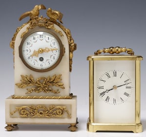 (2) CLOCKS, ENGLISH RAPPORT CARRIAGE & FRENCH LOUIS XVI STYLE MANTEL