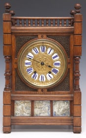 ENGLISH ARTS & CRAFTS OAK & PAINTED CERAMIC TILE MANTEL CLOCK