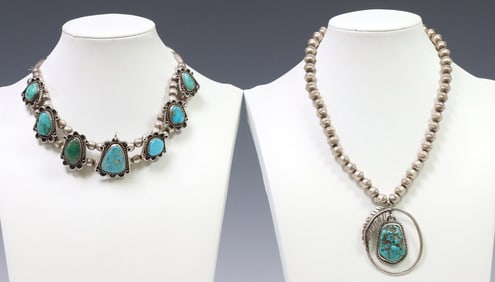 (2) NATIVE AMERICAN SILVER & TURQUOISE NECKLACES