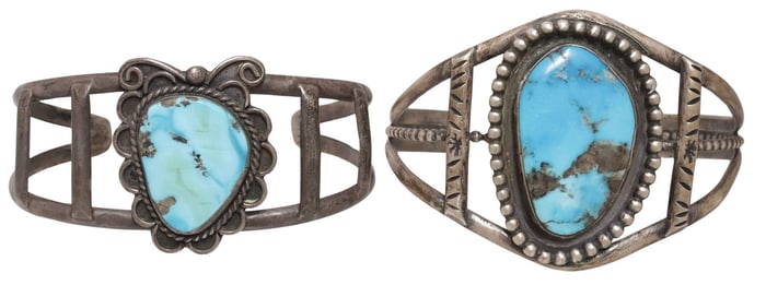 (2) NATIVE AMERICAN SILVER & TURQUOISE CUFF BRACELETS
