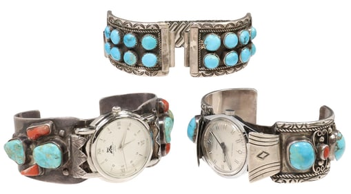 (3) NATIVE AMERICAN SILVER & TURQUOISE WATCH CUFFS