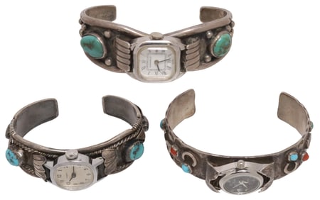 (3) NATIVE AMERICAN SILVER & CABOCHON WATCH CUFFS, 1 DAVID F. GARCIA
