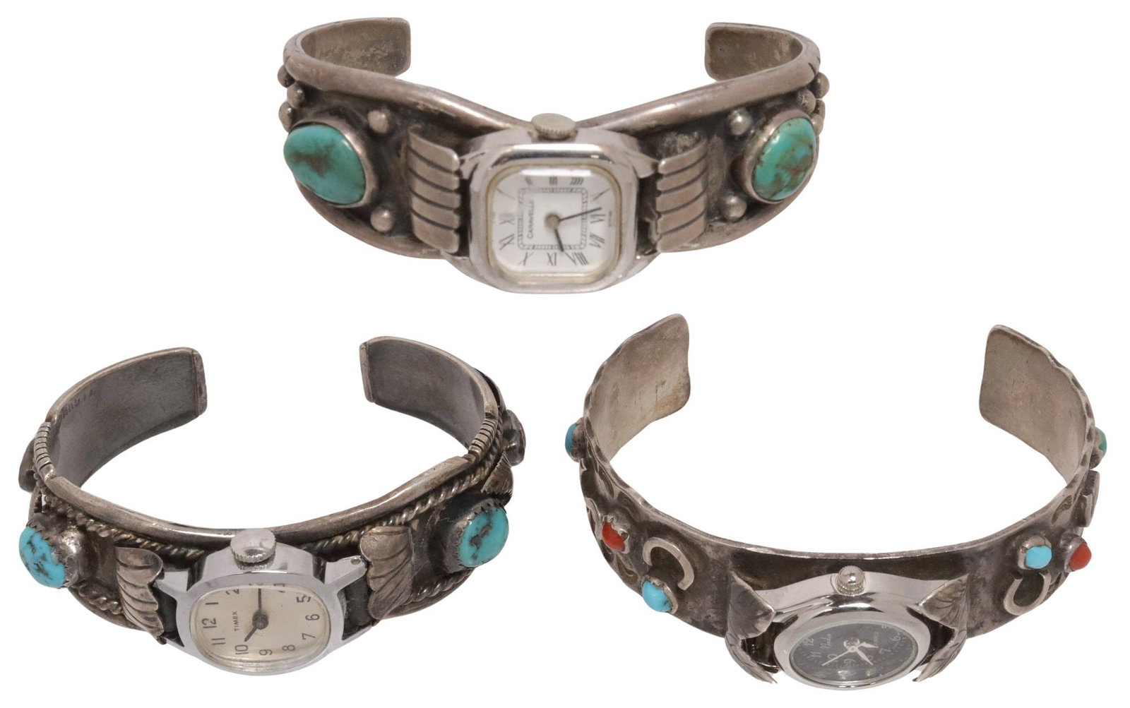 (3) NATIVE AMERICAN SILVER & CABOCHON WATCH CUFFS, 1 DAVID F. GARCIA: (lot of 3) Native American silver (content unknown) watch cuffs, including: (1) signed David F. Garcia (Kewa Pueblo/ Santo Domingo Pueblo, 20th c.), with bezel-set turquoise and red coral cabochons, i