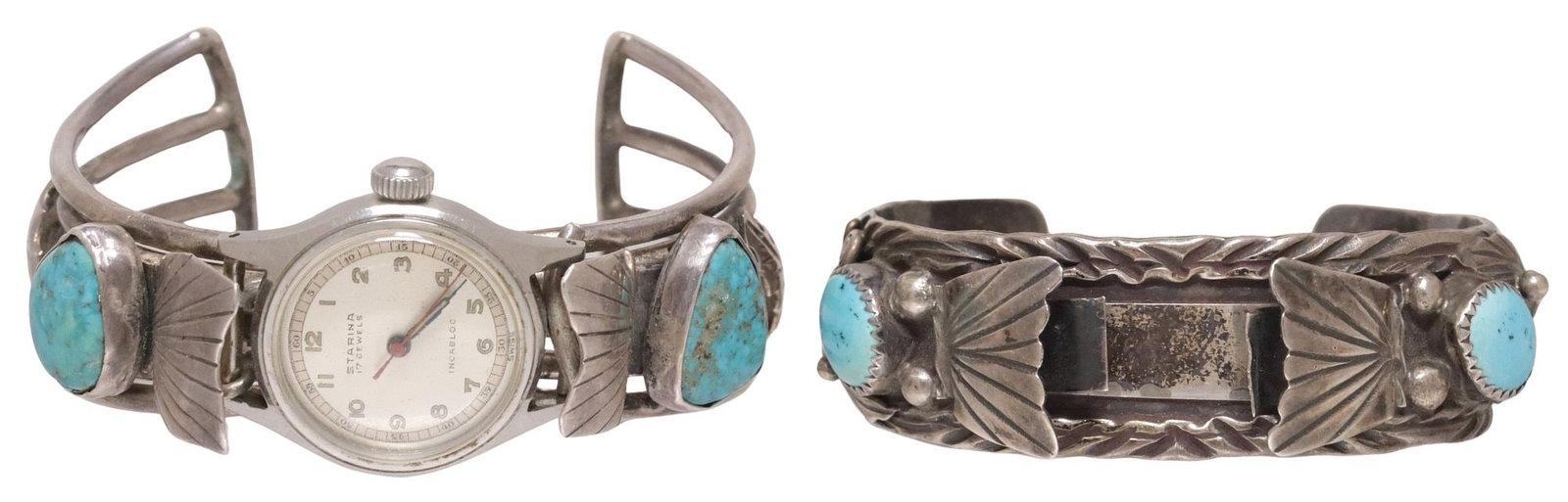 (2) NATIVE AMERICAN STERLING & TURQUOISE WATCH CUFFS, 1 JAMESON LEE (20TH C.): (lot of 2) Native American silver (content unknown) watch cuffs, each with bezel-set turquoise cabochons, including: (1) signed Jameson Lee (Navajo/ Dine, 20th c.), with applied feathers and scroll mo