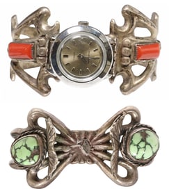 (2) NATIVE AMERICAN TUFA CAST SILVER & CABOCHON WATCH CUFFS