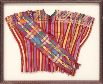 FRAMED GUATEMALAN WOVEN TEXTILE BROCADED HUIPIL & FAJA