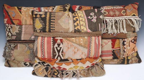 (3) LARGE DECORATIVE KILIM-FRONT PATCHWORK THROW PILLOWS