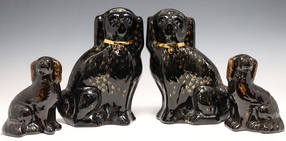(4) ENGLISH STAFFORDSHIRE JACKFIELD & SPOTTED BROWN GLAZED MANTEL DOGS