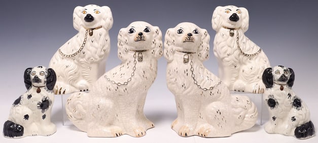 (6) ENGLISH STAFFORDSHIRE MANTEL DOGS, 2 ROYAL DOULTON