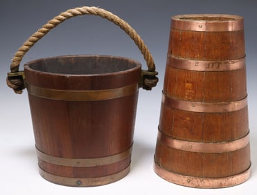 (2) ENGLISH METAL-BANDED MAHOGANY BUCKET & OAK BARREL