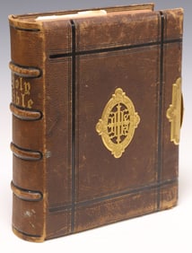 ANTIQUE ENGLISH LEATHER & BRASS BOUND HOLY BIBLE