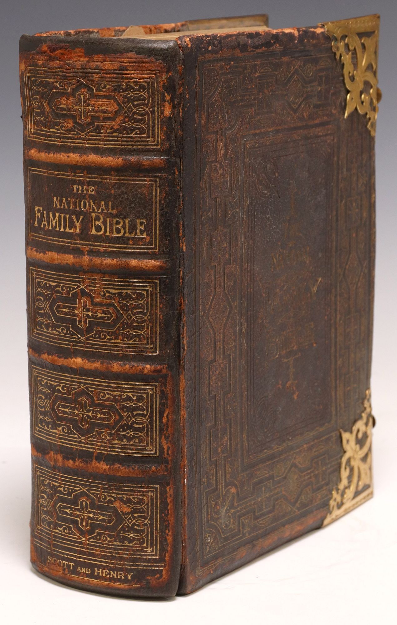 ANTIQUE ENGLISH LEATHER & BRASS BOUND FAMILY HOLY BIBLE: Book: "The National Comprehensive Family Bible," with the commentaries of Scott and Henry, edited by Reverend John Eadie D.D, LL.D, published by Cassell and Company Limited, g