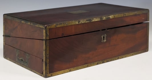 ENGLISH REGENCY BRASS-BOUND MAHOGANY WRITING SLOPE/ CAMPAIGN DESK