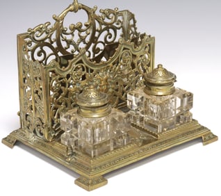 ENGLISH VICTORIAN BRASS DOUBLE INKWELL DESK STAND