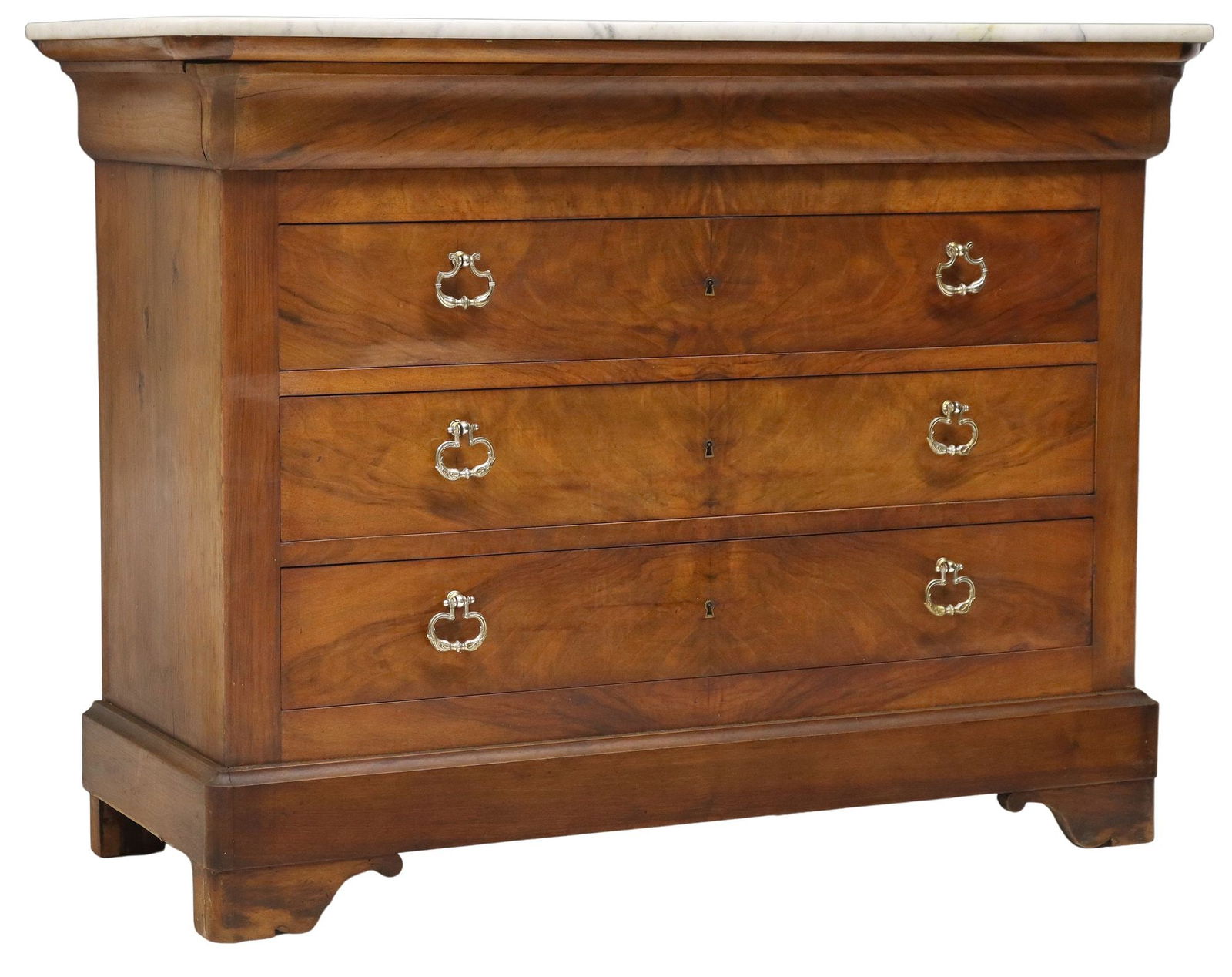FRENCH LOUIS PHILIPPE MARBLE-TOP WALNUT COMMODE: French Louis Philippe period figured walnut commode, mid 19th c., white marble top, ogee frieze drawer, over three additional drawers, on bracket feet, approx 37.5"h, 50"w, 20.5"d