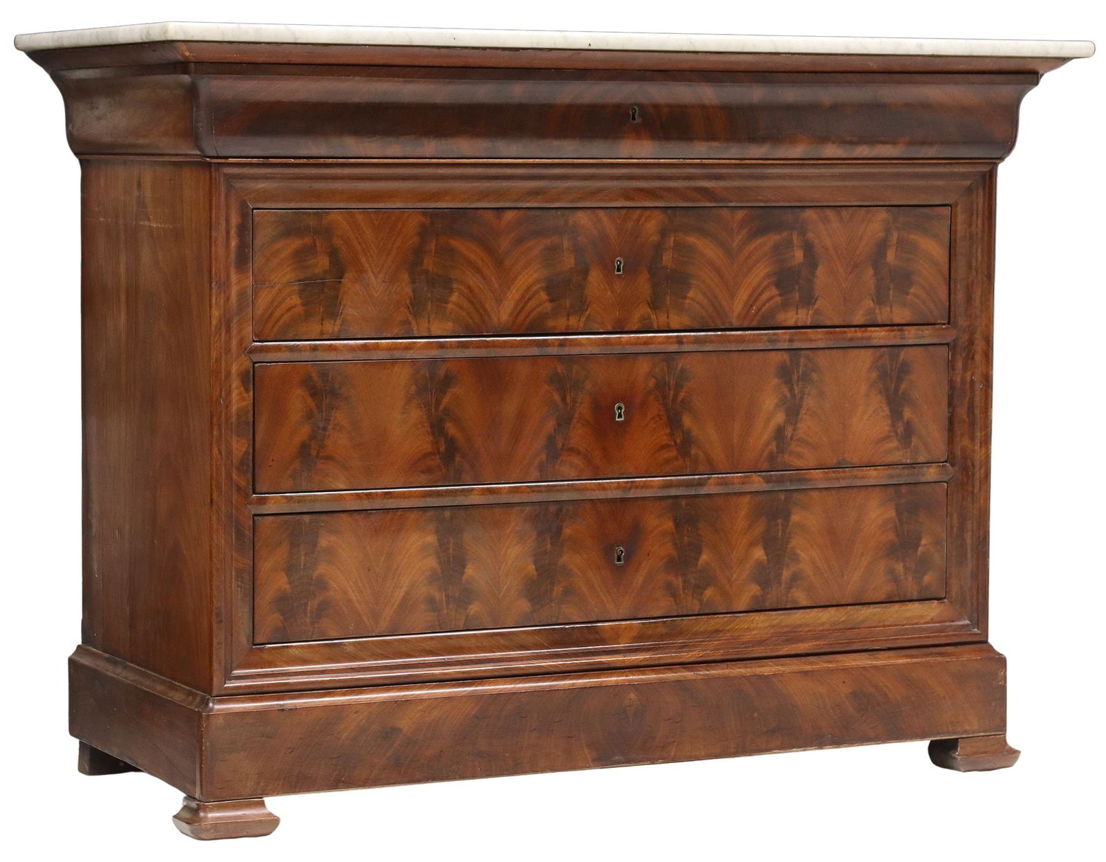 FRENCH LOUIS PHILIPPE MARBLE-TOP MAHOGANY COMMODE: French Louis Philippe flame mahogany commode, mid 19th c., having rectangular marble top, over frieze drawer, and three standard drawers, rising on bracket feet, approx 37.5"h, 49.75"w, 23"d