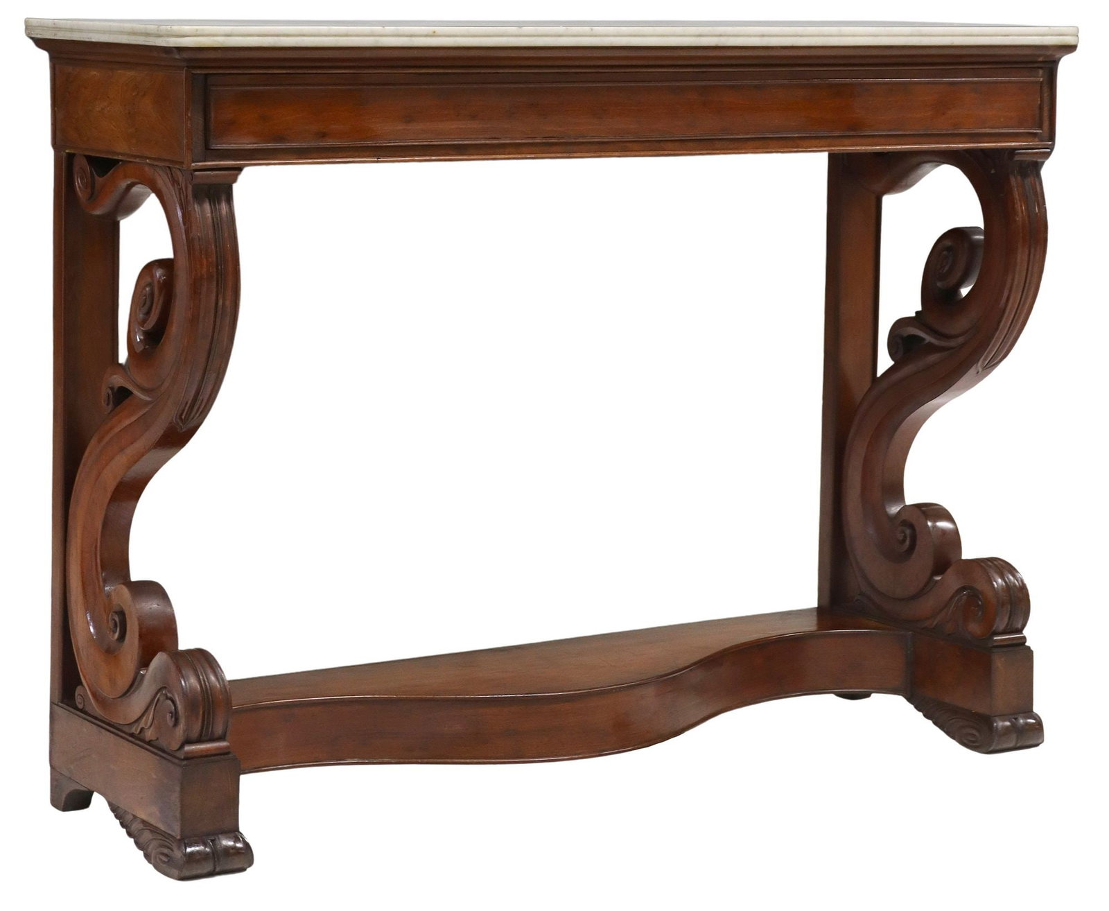 FRENCH LOUIS PHILIPPE PERIOD MARBLE-TOP MAHOGANY CONSOLE TABLE: French Louis Philippe periodÂ mahogany console table, mid 19th c., having marble top, rising on scrolled supports and platform base, approx 37.5"h, 15.25"w, 17"d
