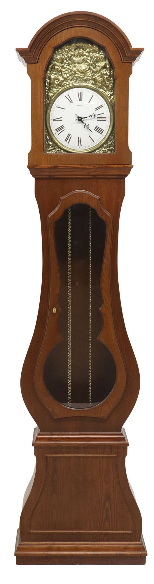 GERMAN KIENZLE OAK LONGCASE CHIMING CLOCK: German oak Morbier/ longcase clock, Kienzle, 20th c., having shaped case with glazed pendulum and dial viewing doors, central white enamel dial marked Kienzle, with Roman numeral hour markers, figural