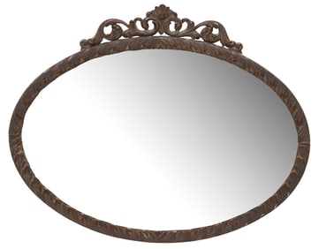 CARVED WALNUT OVAL WALL MIRROR WITH FOLIATE CREST