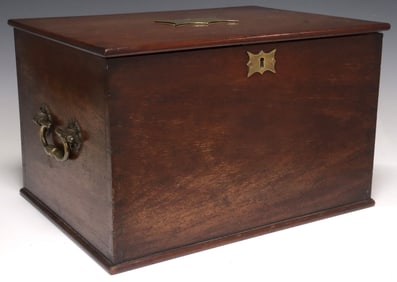 LARGE ENGLISH BRASS-BOUND MAHOGANY DEED BOX
