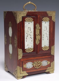 CHINESE BRASS-BOUND & HARDSTONE-INSET JEWELRY CHEST