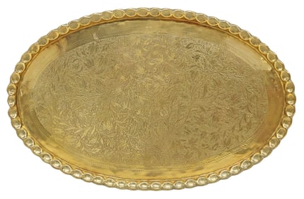 LARGE ENGRAVED REPOUSSE BRASS TRAY WITH BAMBOO MOTIFS, INDIA, 46.5"L