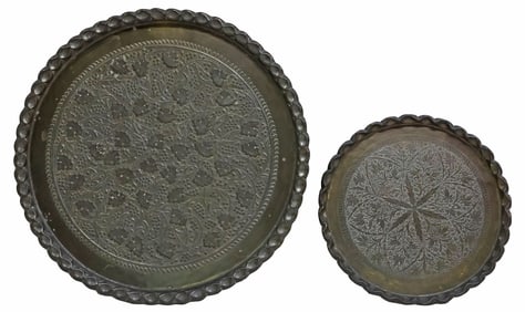 (2) LARGE PATINATED METAL FOLIATE DECORATED CHARGERS