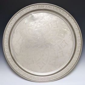 LARGE SILVER-TONE METAL INCISED FLOWERS TRAY, 26.5"DIAM