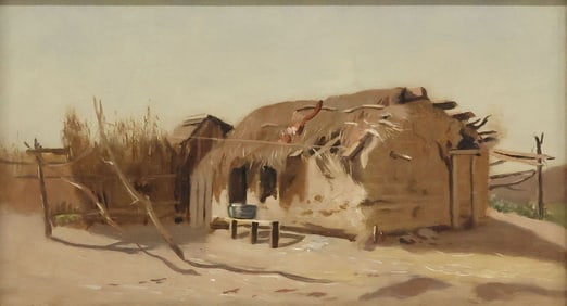 N.V. COLE (ATTRIB.) FRAMED OIL ON CANVAS PAINTING, ADOBE JACAL, 10" X 18"