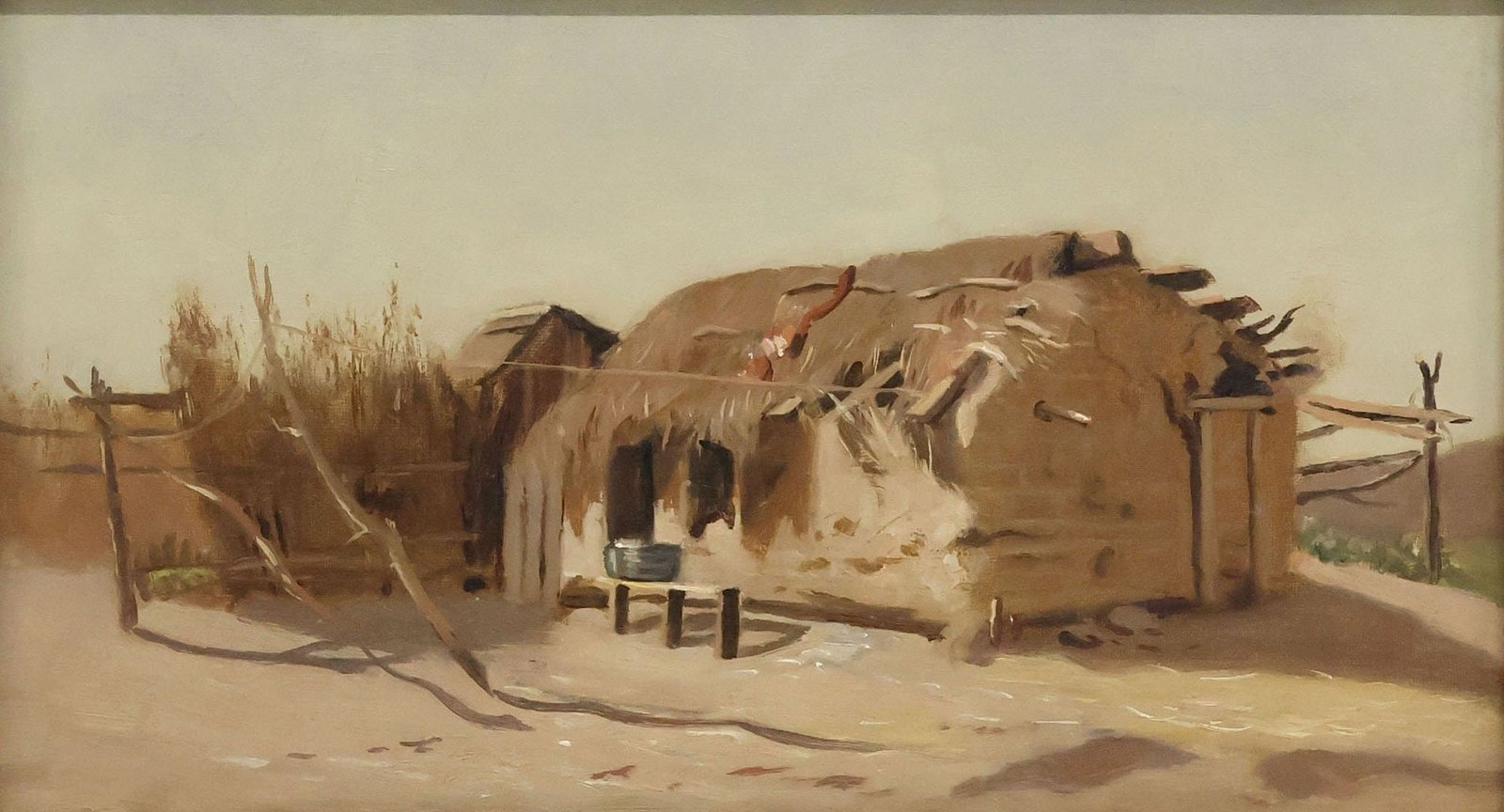 N.V. COLE (ATTRIB.) FRAMED OIL ON CANVAS PAINTING, ADOBE JACAL, 10" X 18": Framed oil on stretched canvas painting, Native American Jacal Dwelling, unsigned, attributed by consignor to N.V. Cole (19th/ 20th c.), pencil inscription Miss David? on back stretcher, sight: approx