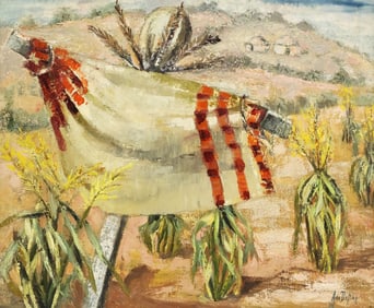 ANN DOFFING (TX, 1909-1996) PAINTING, CORNFIELD SCARECROW, 20" X 24"