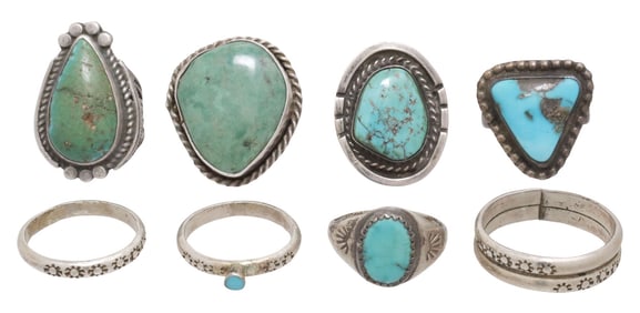 (8) NATIVE AMERICAN & SOUTHWEST SILVER TURQUIOSE RINGS