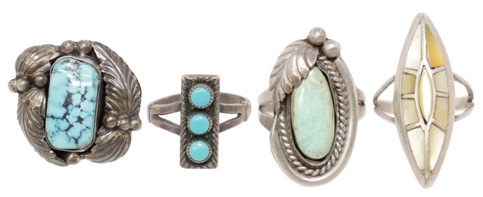 (4) NATIVE AMERICAN SILVER & TURQUOISE RINGS