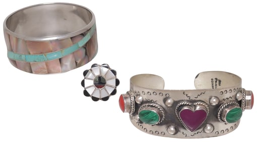 (3) MEXICO STERLING SILVER BRACELET & SUNFACE RING